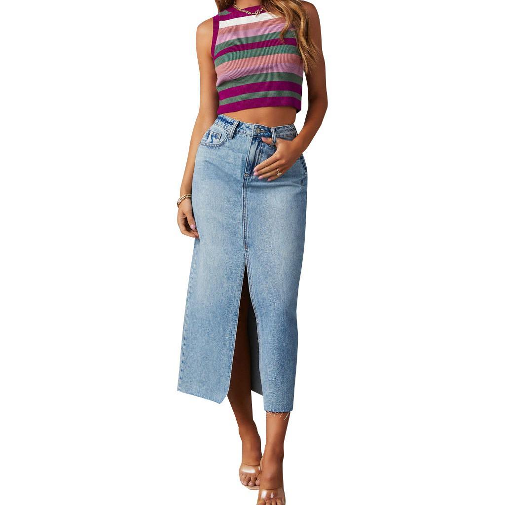 2024 Women's High Waist Washed Denim A-line Midi Skirt In European and American Style