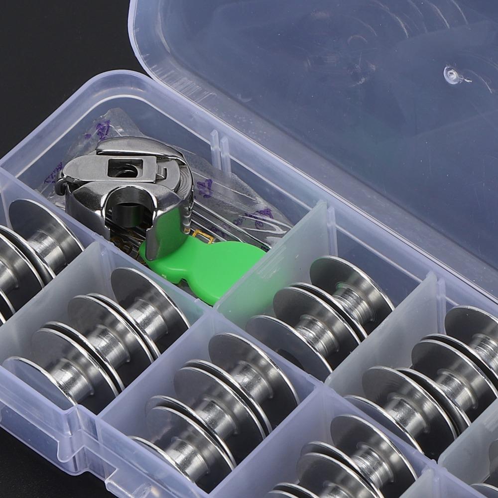 36pcs Metal Bobbins Sewing Machine Bobbin Set Aluminium Plastic Storage Box Sewing Machine Bobbin Silver