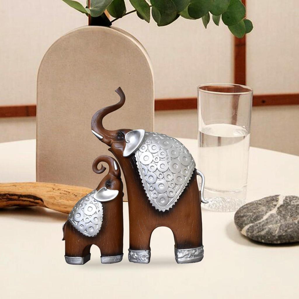 Thai Style Elephant Figurines Mother & Child Elephant Fengshui Resin Sculptures for Home Decor Ornament - (Set of 2, Brown)