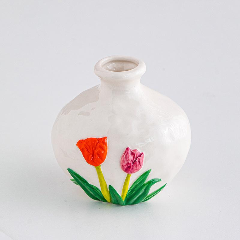 Ceramic Vase Embossed Tulip Colorful Flower Pattern Flower Vase Floral Arrangement Accessories Home Decoration Accessories