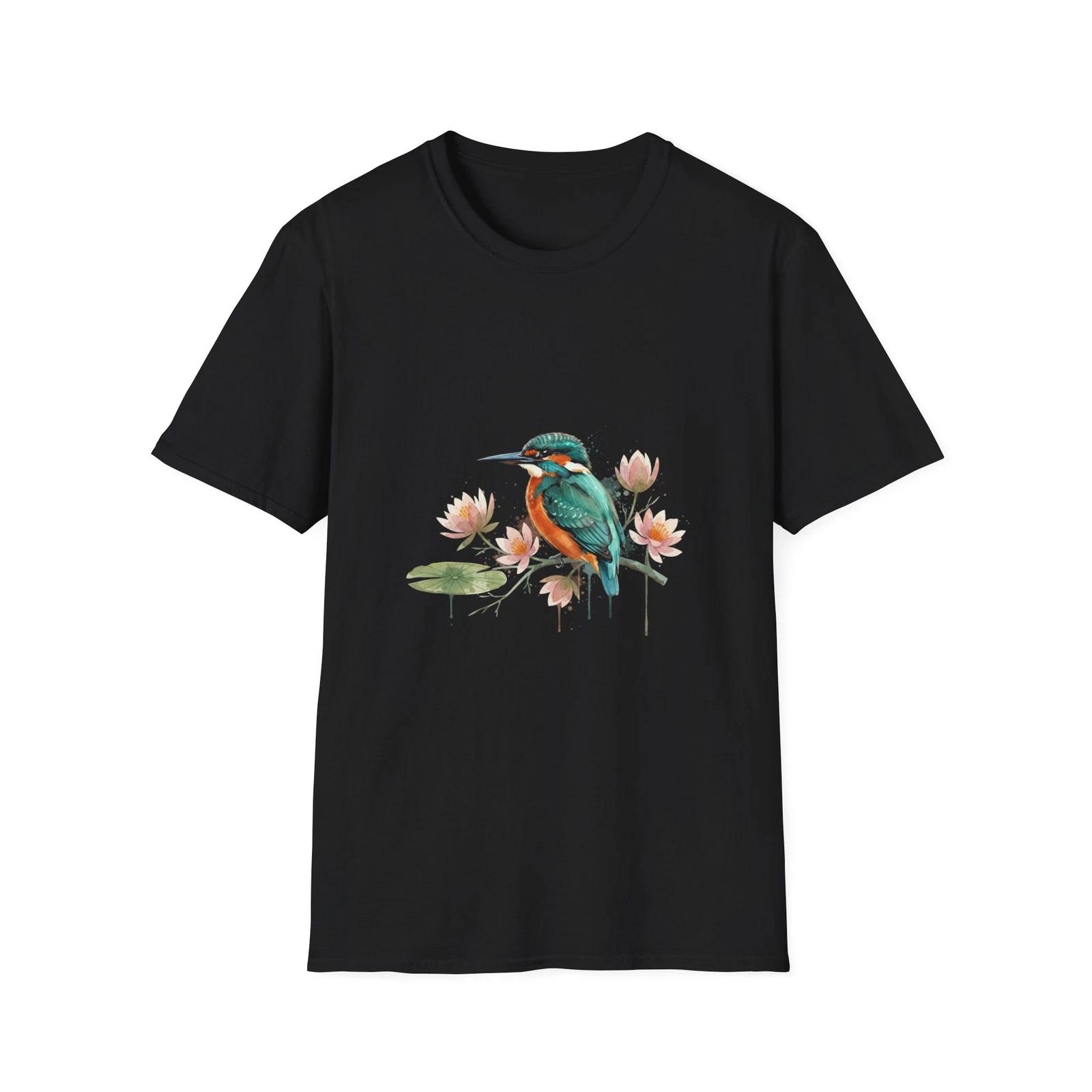 Kingfisher Watercolor Lotus Flower Nature Black Tee Bird Graphic T-Shirt XL