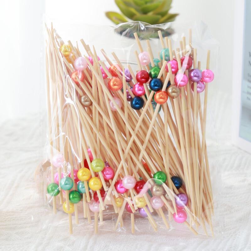 ZISIZ Pink Bead Bamboo Cocktail & Fruit Picks