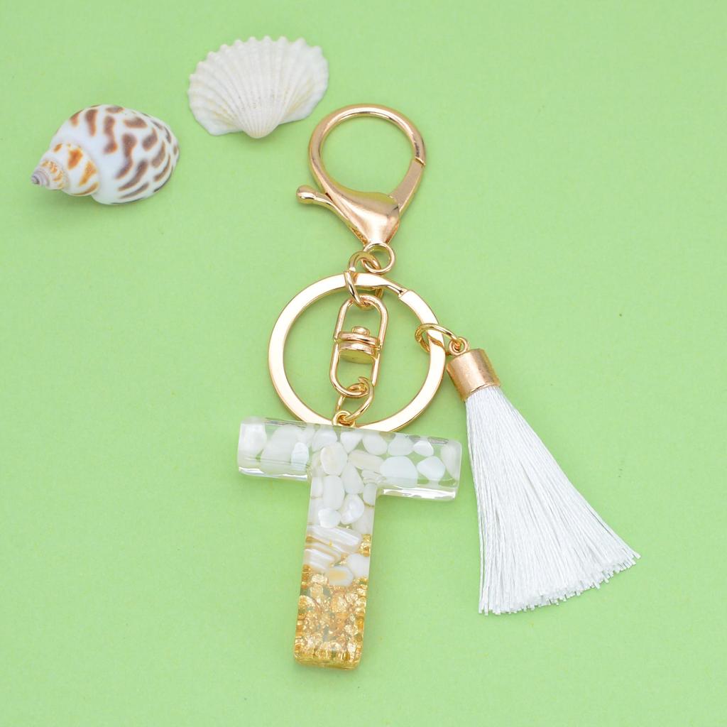 Trendy White Tassel Letter Keychain with Crystal Pendant
