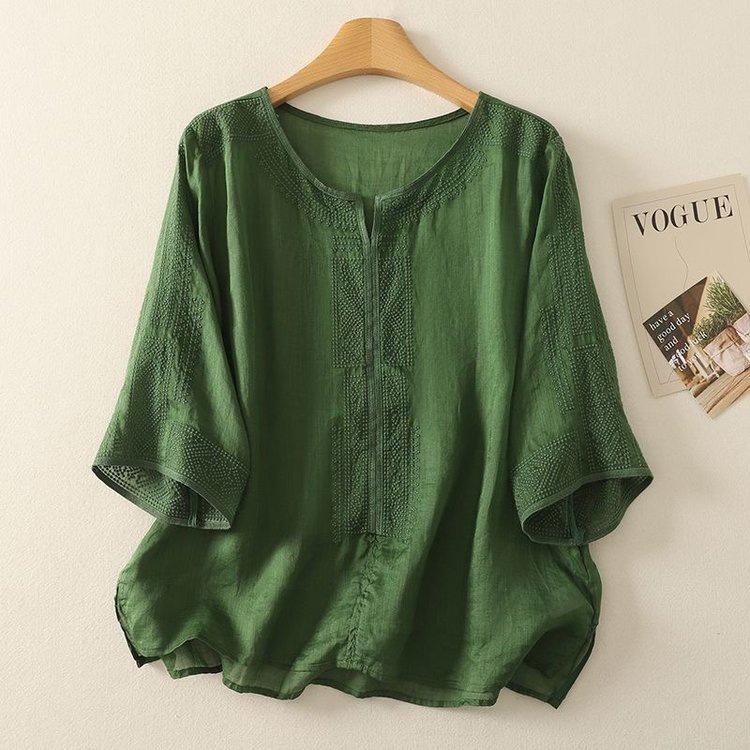 Elegant Chiffon Top: Popular Chinese Style Mid-Aged Women's Five-Point Sleeve Printed T-Shirt