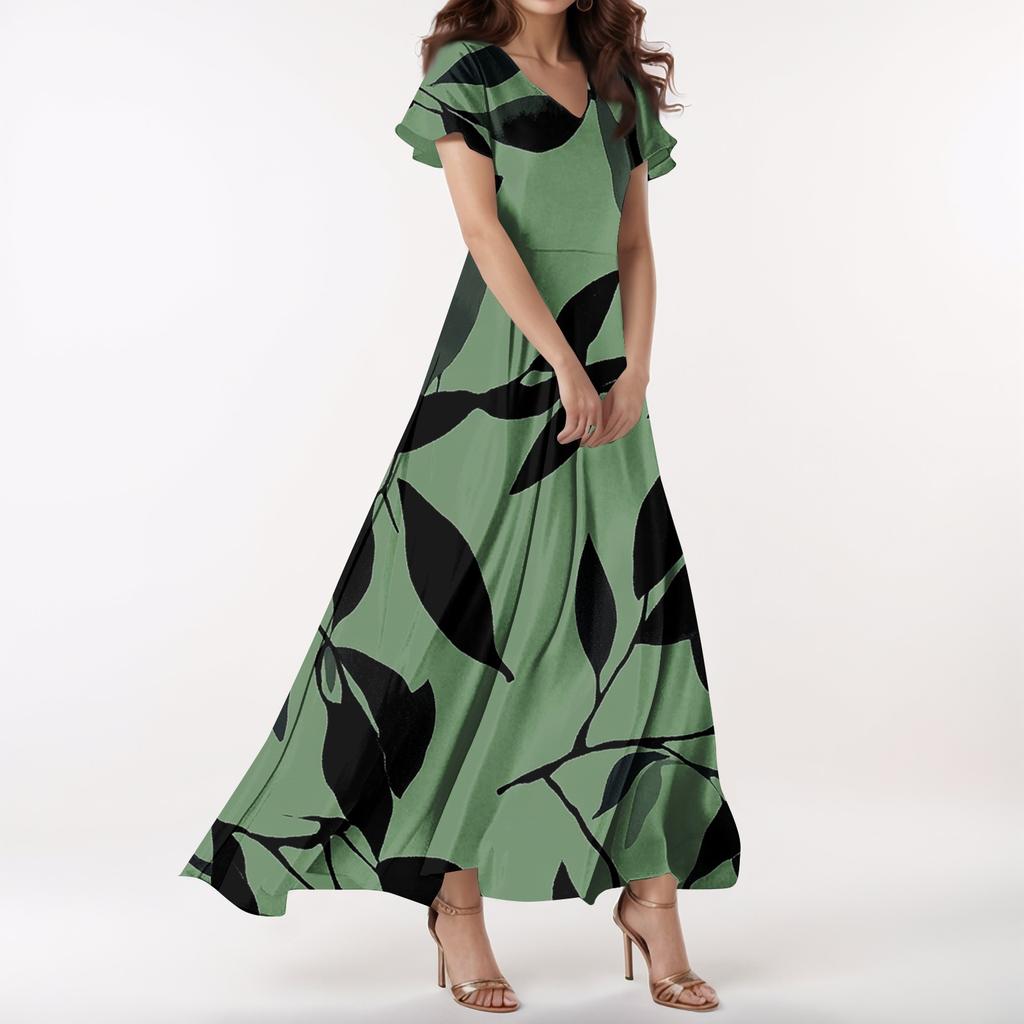 Lässiges Damenkleid mit V-Ausschnitt, kurzen Ärmeln und hoher Taille, Retro-Blumenblatt-Print