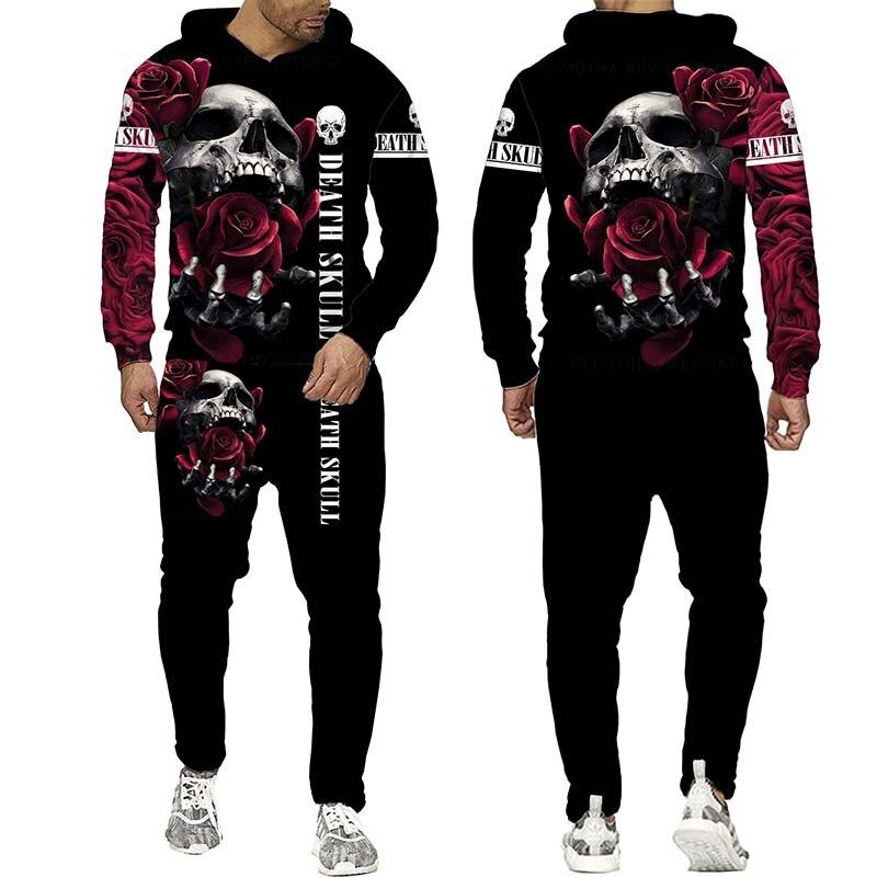 Set de hanorac cu glugă pentru bărbați cu imprimeu 3d punk craniu, haine sportive pentru bărbați, toamnă și iarnă