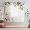 2Pcs Elegant Floral Print Sheer Curtains, Pink Roses & Green Leaves, Machine Washable Polyester, Rod Pocket Design, 100-120Gsm,