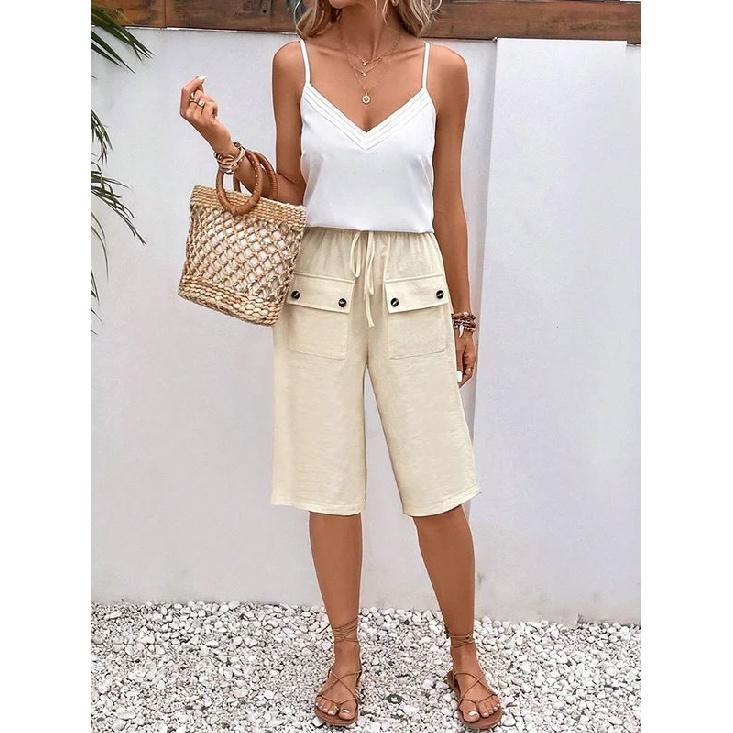 

New Loose Women S Pants With Front Pocket, Solid Color Drawstring Tie Button Casual Pants XXL