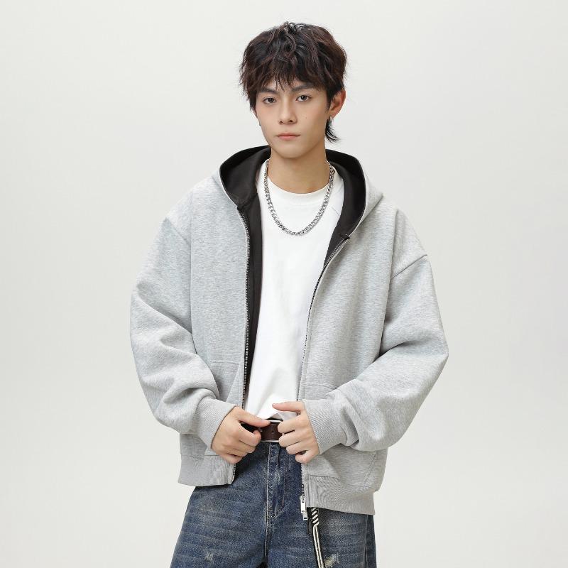 Men Heavy Weight American Color Block Loose Hooded Long Sleeve Zip Up Casual Hoodie Jacket
