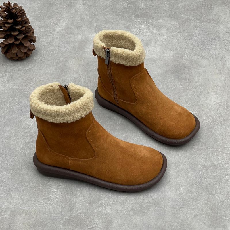 Johnature Genuine Leather Plush Warm Cotton Boots Casual Thick Soled Round Toe Flat Women's Short Boots
