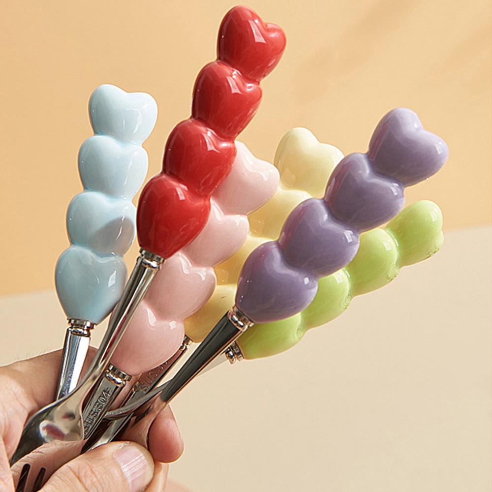 6pcs Fork and Spoon Set Heart-shaped Ceramic Stainless Steel Fork Spoon High Temperature Underglaze Color INS Style Craft Spoon