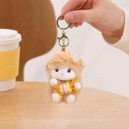 Plush Seated Sheep Keychain Pendant with Metal Ring for Backpack Keys, Soft Cute Lamb Keychain, Stuffed Animal Bag Charms