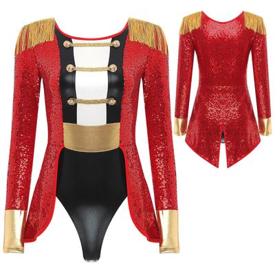 Womens Circus Ringmaster Outfit Halloween Cosplay Bodysuit Long Sleeve Glitter Jumpsuit Masquerade Costumes