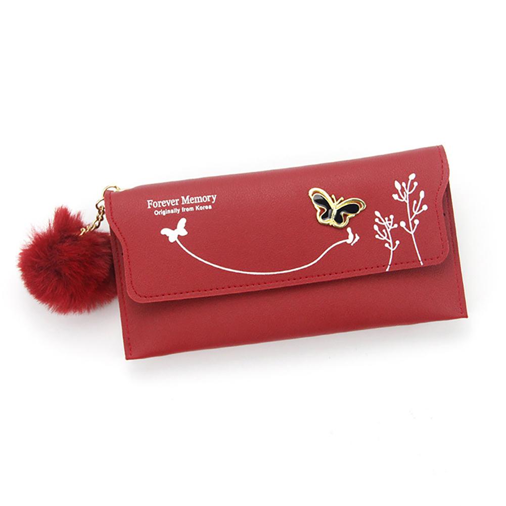 Women PU Leather Flap Wallet with Plush Ball Lady Butterfly Coin Purse MIT
