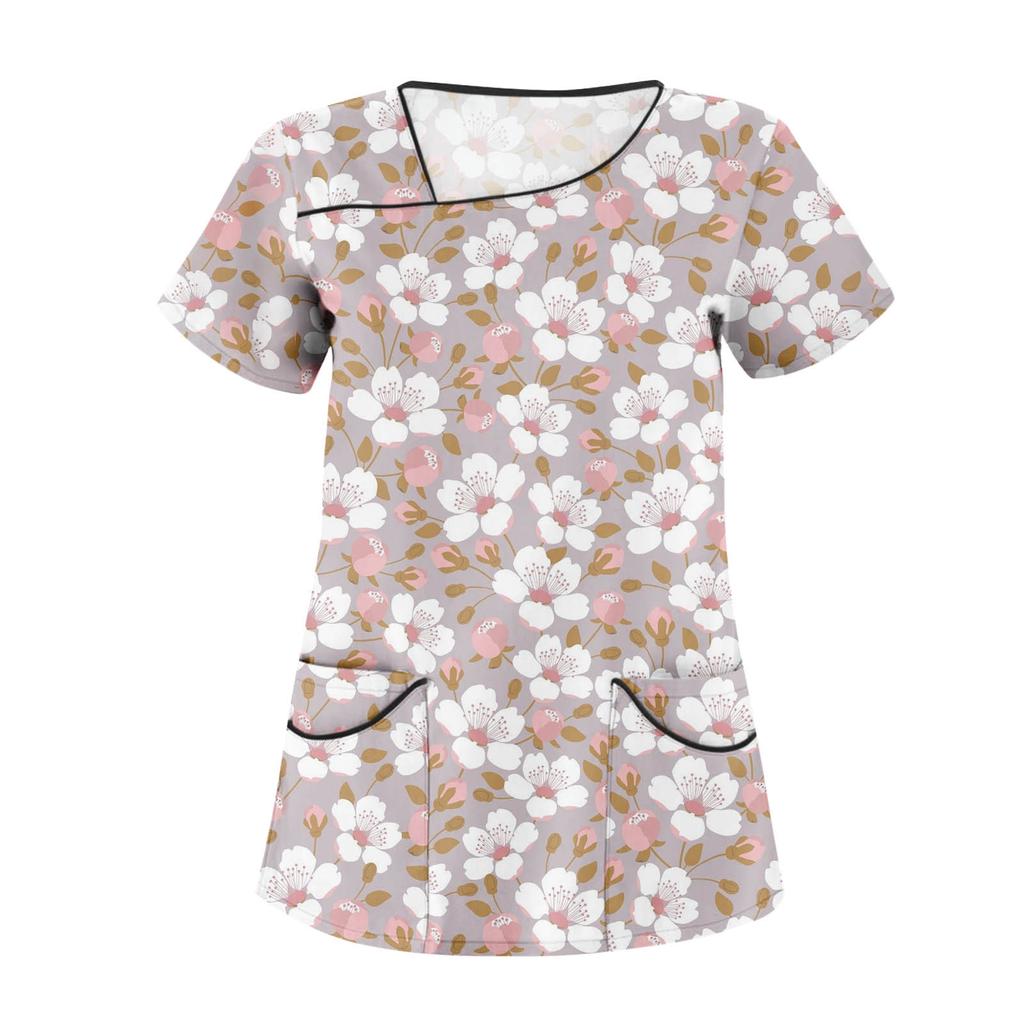 (Qunide) Women's Fashion Printed Short Sleeve Workwear With Double Pockets Tops Nurses' Uniforms