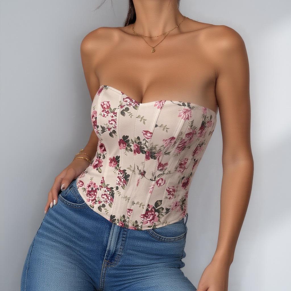 European & American Sexy Backless Floral Fishbone Camisole