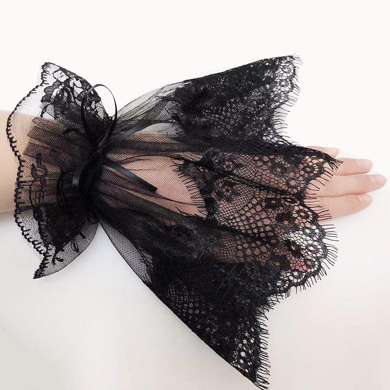 Lace Trumpet Sleeves Lolita Costume Gloves for Halloween Anime - Black Mesh