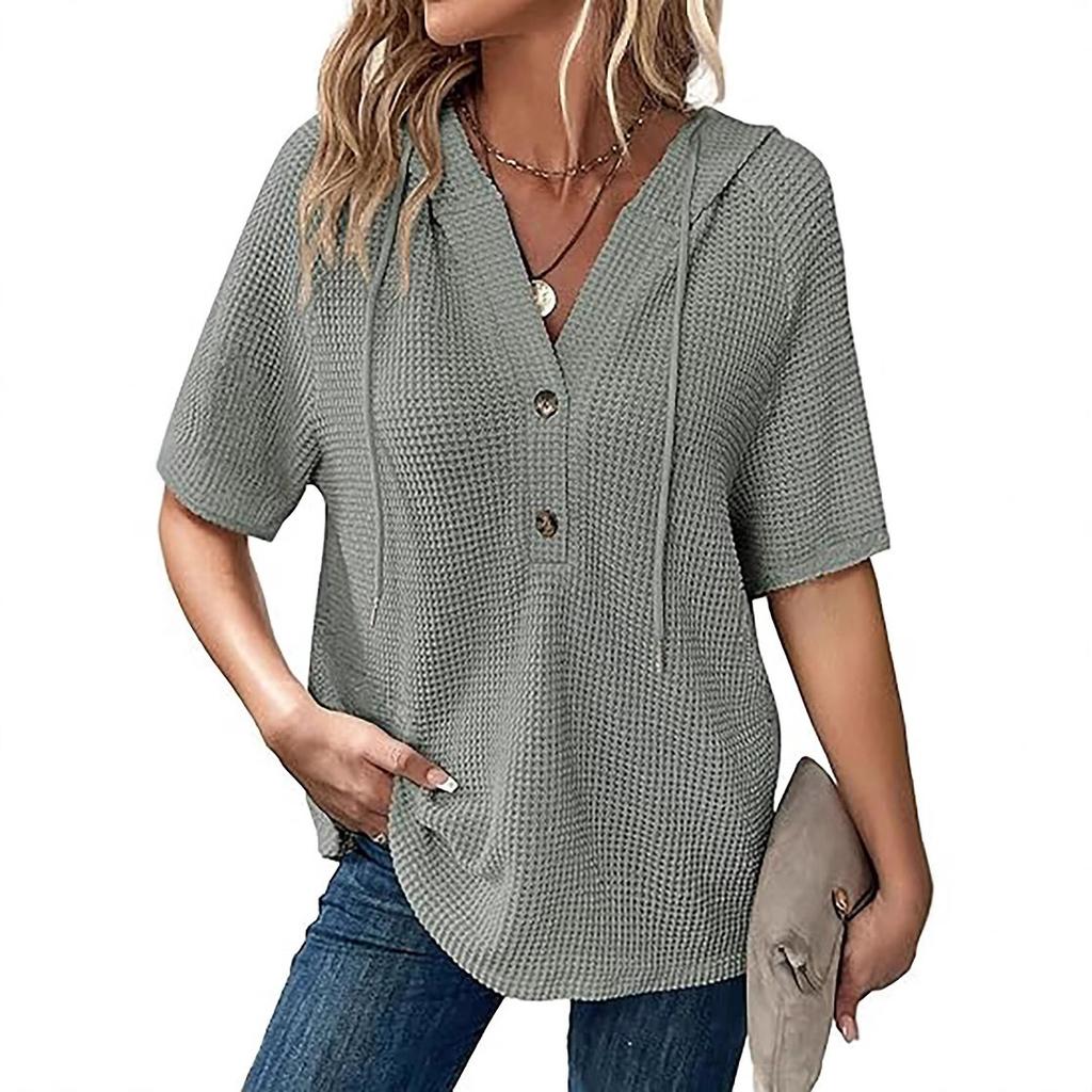Womens Summer Waffle Knit Short Sleeve Hooded V Neck Button Drawstring Loose Shirt