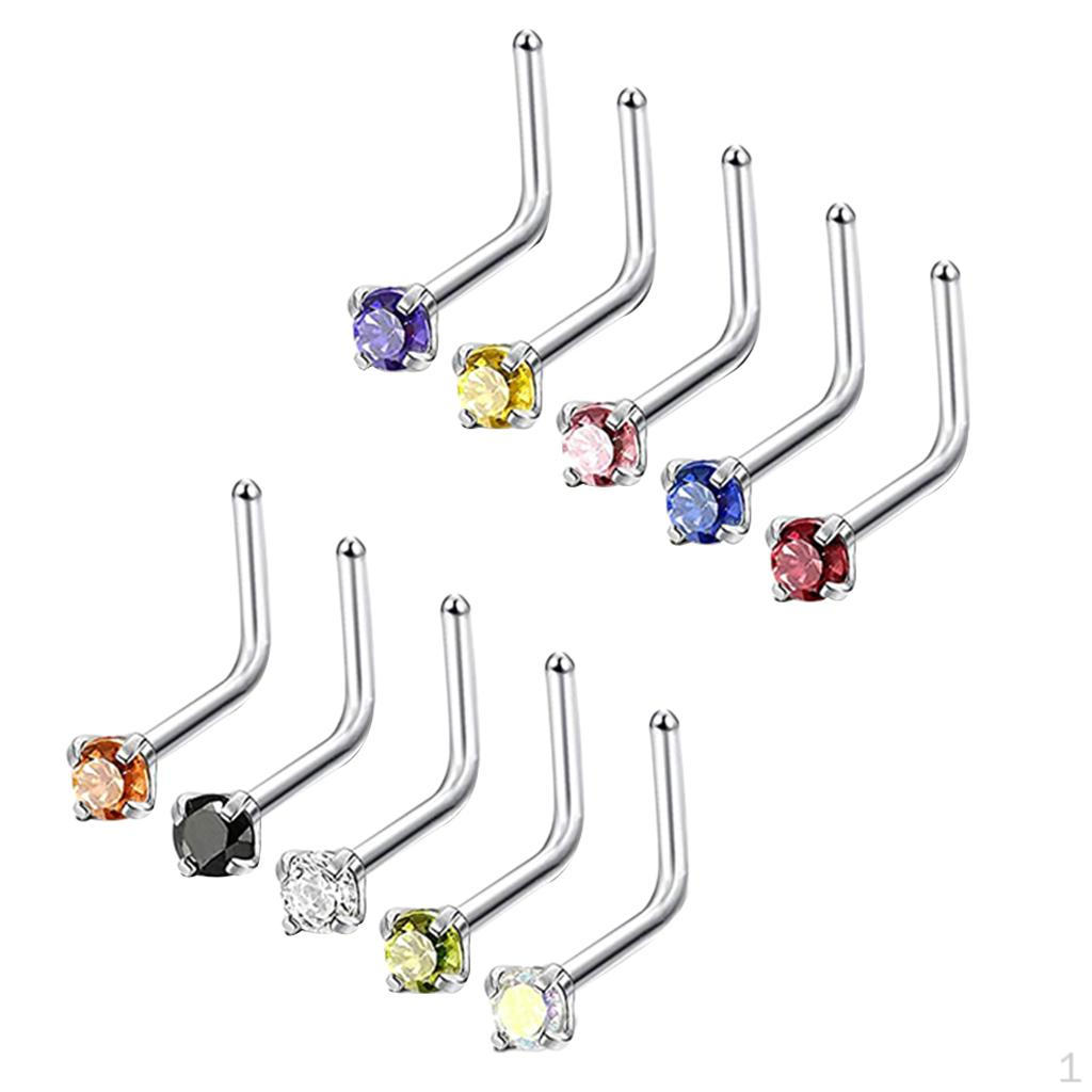 

10 Pieces Crystal Rhinestone Stainless Steel Curved Nose Stud Rings 18G 3mm
