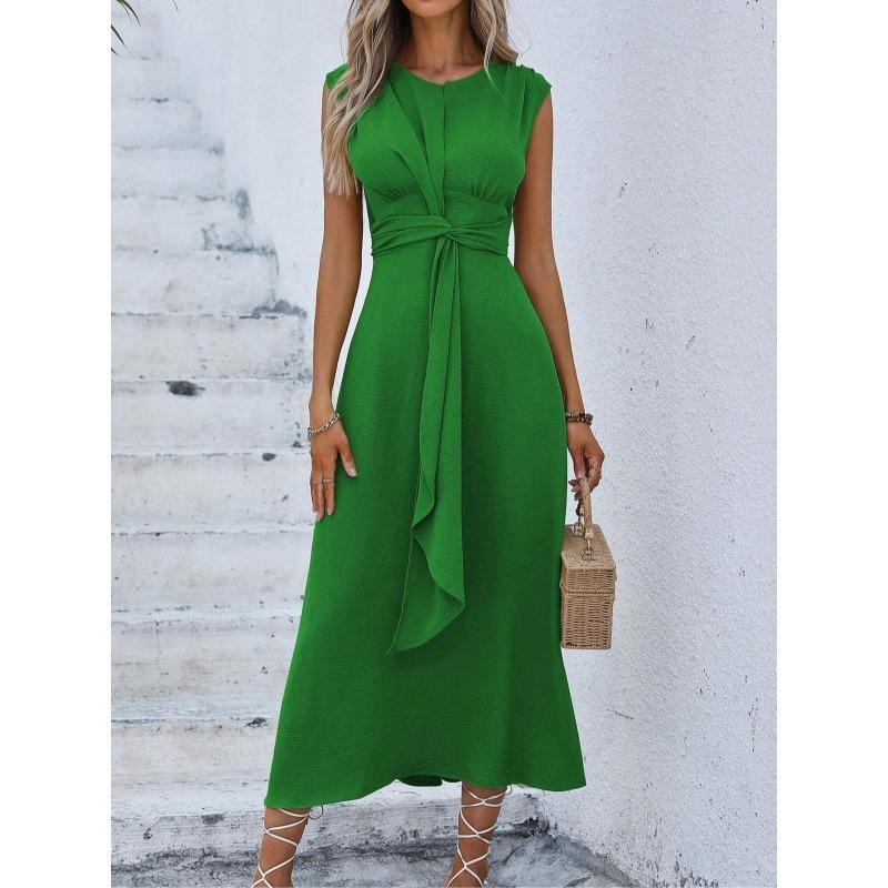 Elegant Sleeveless Front Thin Straps Belted Midi Dress for Summer Women's Solid Color Party A-Line Dress Slim Fit Fashion Evening Dresses