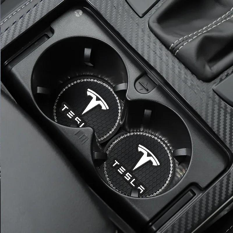 Autocollant de Voiture Tesla 2 Pièces Sous-verres de Voiture Emplacements pour Tasses d'Eau Tapis Antidérapant Étanche Tapis pour Tasse d'Eau Porte-boisson Pour Tesla Modèle Y Modèle S Mo