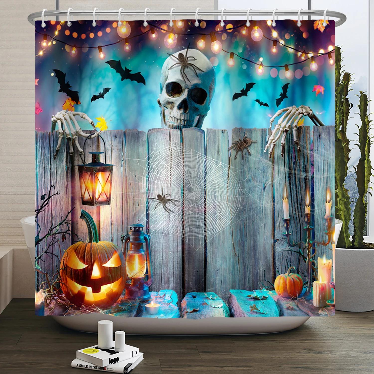 

Halloween Shower Curtain Horror Moon Night Pumpkin Skull Skeleton Scary Castle Witch Ghost Cemetery Waterproof Bathroom Curtains W 90xH180cm