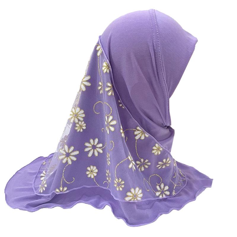 1Pc Headscarf with Flower Girls Hijab Scarf Beautiful Ice Silk Kids Solid Color Children Headwear Muslim