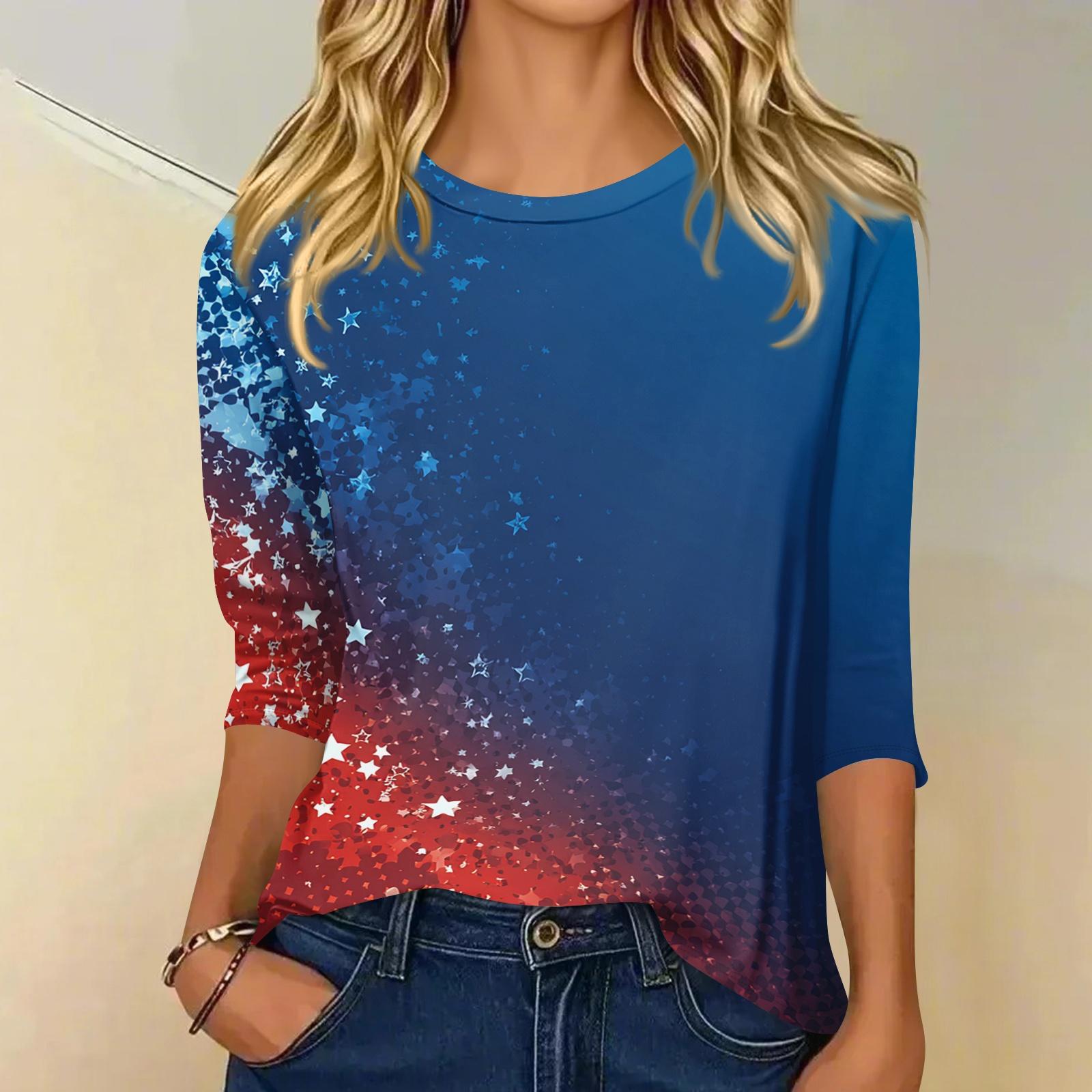 

Женская модная повседневная футболка с круглым вырезом, рукавом три четверти и принтом ко Дню независимости L синий