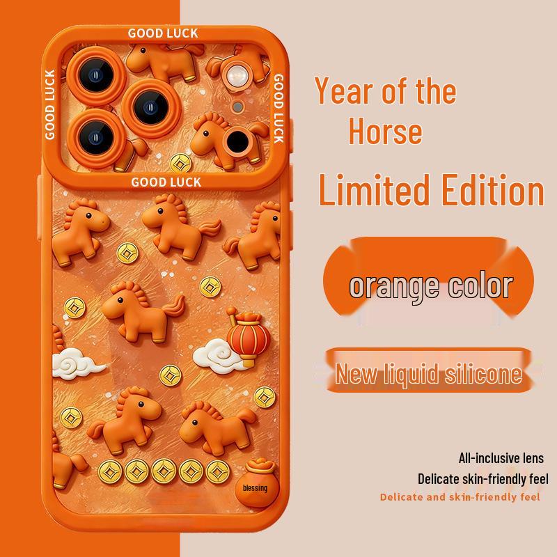 

New Year Pony Cat Apple 17PM/16Pro/15 Case with Lanyard - Year of the Horse Silicone Soft Protective Cover iPhone 13 Pro