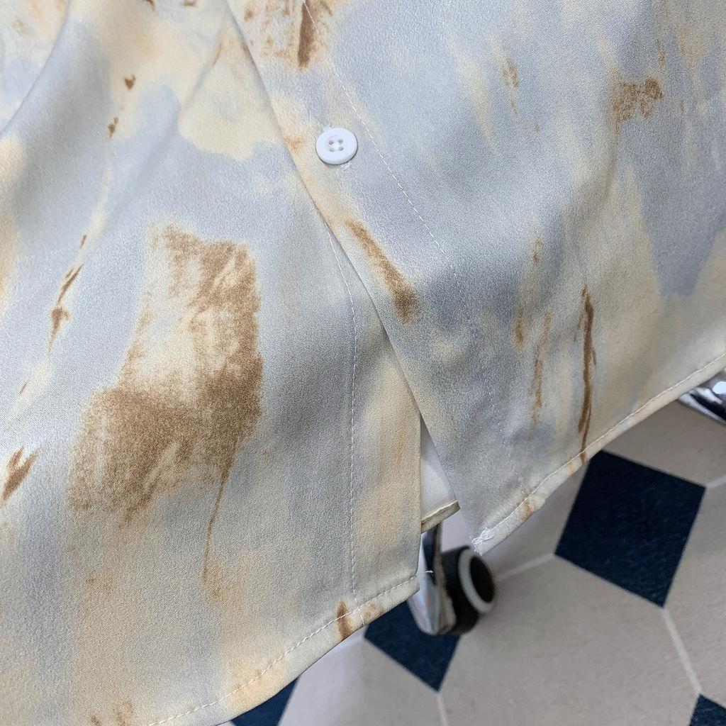 Ink Tie-Dye Cardigan Short Sleeve Shirt for Men, Thin Summer Ice Silk Quick-Dry Half Sleeve Turn-Down Collar Shirt Jacket