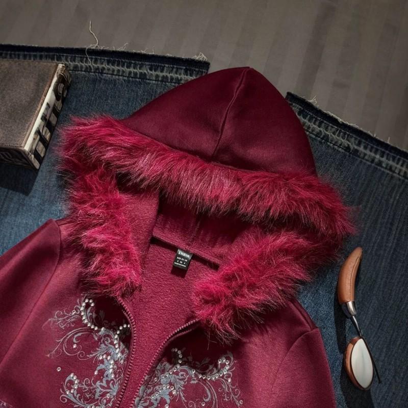 Graphic Rhinestone Hooded Zip Sweatshirt Gothic Punk Style Short Streetwear Women