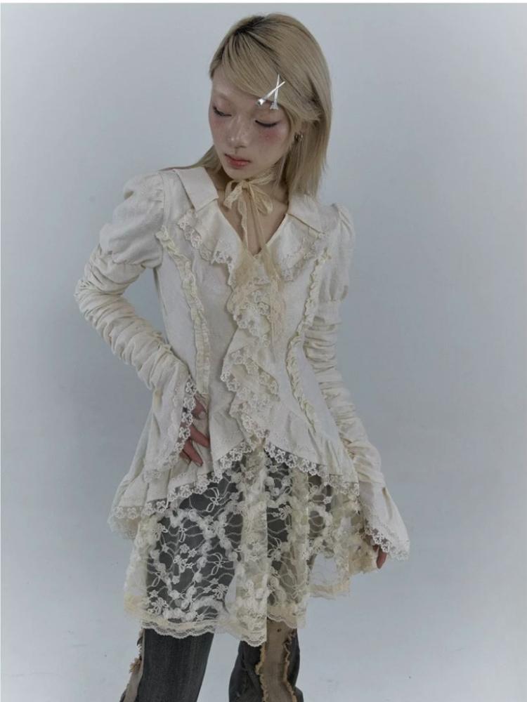 Lolita Vintage Gothic Lace Shirts Women Y2k Dark Aesthetic Irregular Blouses Yamamoto Style Grunge Flare Sleeve Shirt