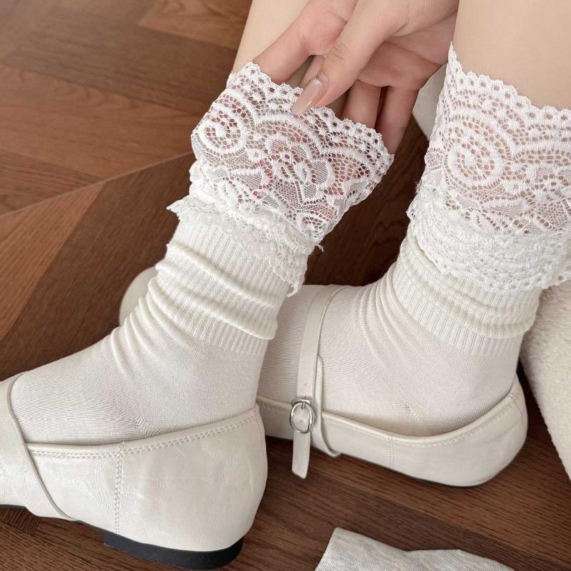 Spring and Autumn Children's Knee-length Lace-trimmed Pile-up Socks, Sweet Long Socks, Simple Style, Pure Cotton Women's Socks, Ballet Style
