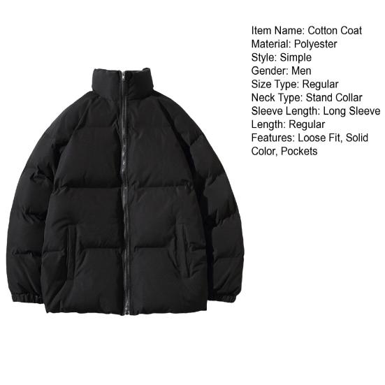 Men Cotton Coat Stand Collar Long Sleeve Solid Color Loose Fit Coat with Pockets Thickened Warm Quilted Outwear