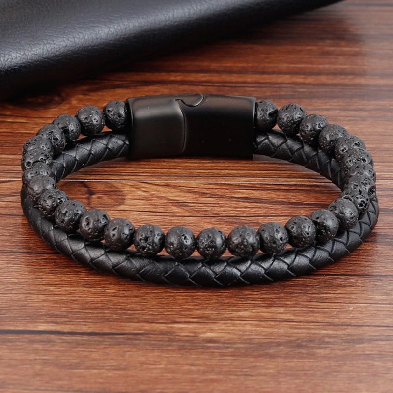 Charm Rope Nerez Magnetický Přírodní Kámen Kožený Muž Náramek Korálkový Náramek Sopečný kámen Náramky Náramky Řetízek Dárek