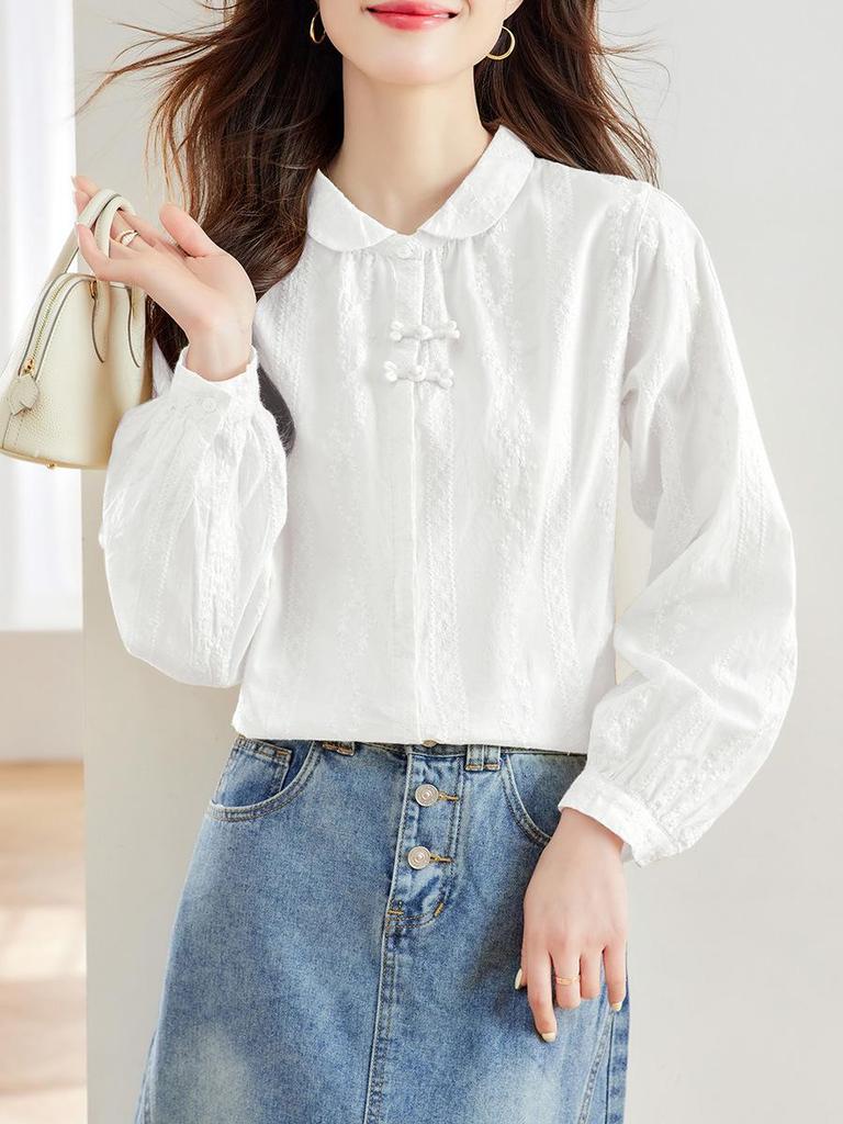 Women's Apricot Embroidered Long-Sleeve Cotton Shirt