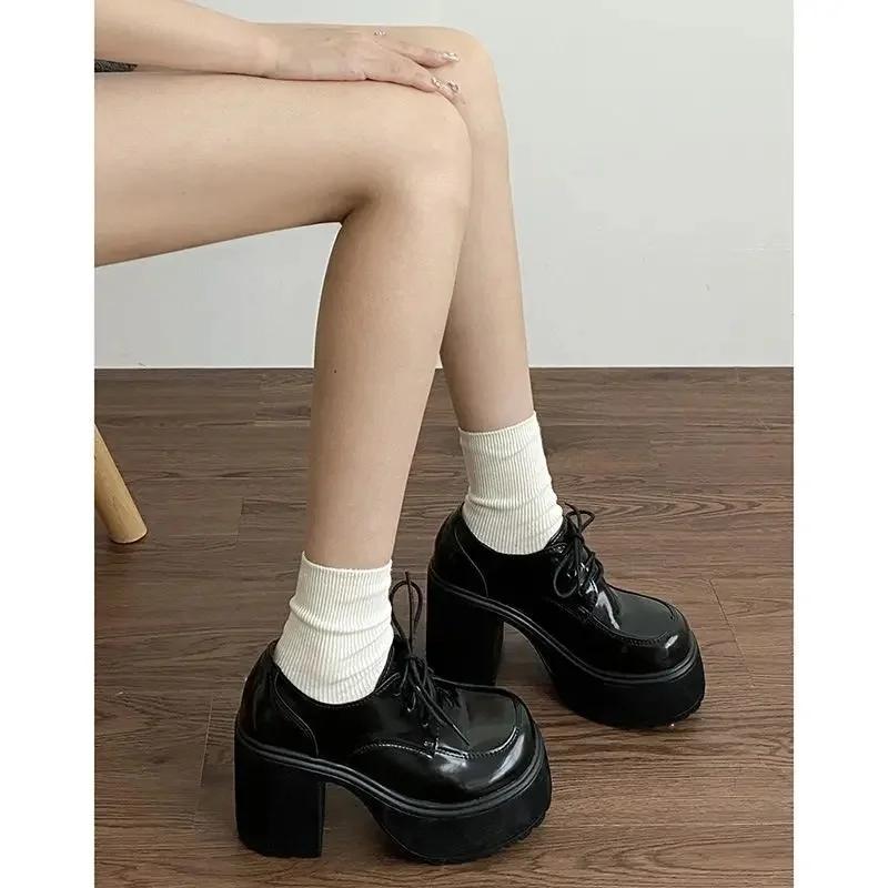 Fashion 2025 Woman Loafers Shoes Casual Chunky High Heels Pumps All-Match Roman Style Lace-Up Round Toe Autumn Black Mary Janes Shoes