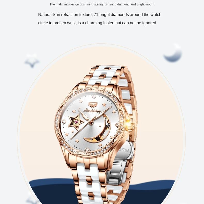 JINSHIDUN marka Star Moon Hollow automatyczny zegarek mechaniczny modny mechaniczny zegarek damski zegarek damski