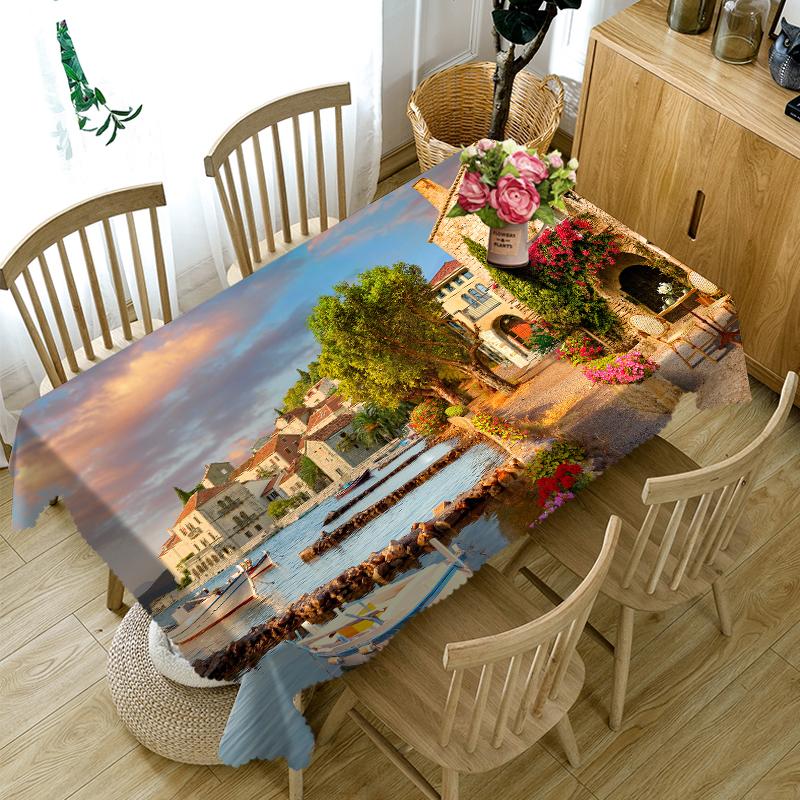 Flower House Tablecloth Beautiful Alley Pattern Waterproof Thicken Rectangular And Round Table Cloth For Wedding