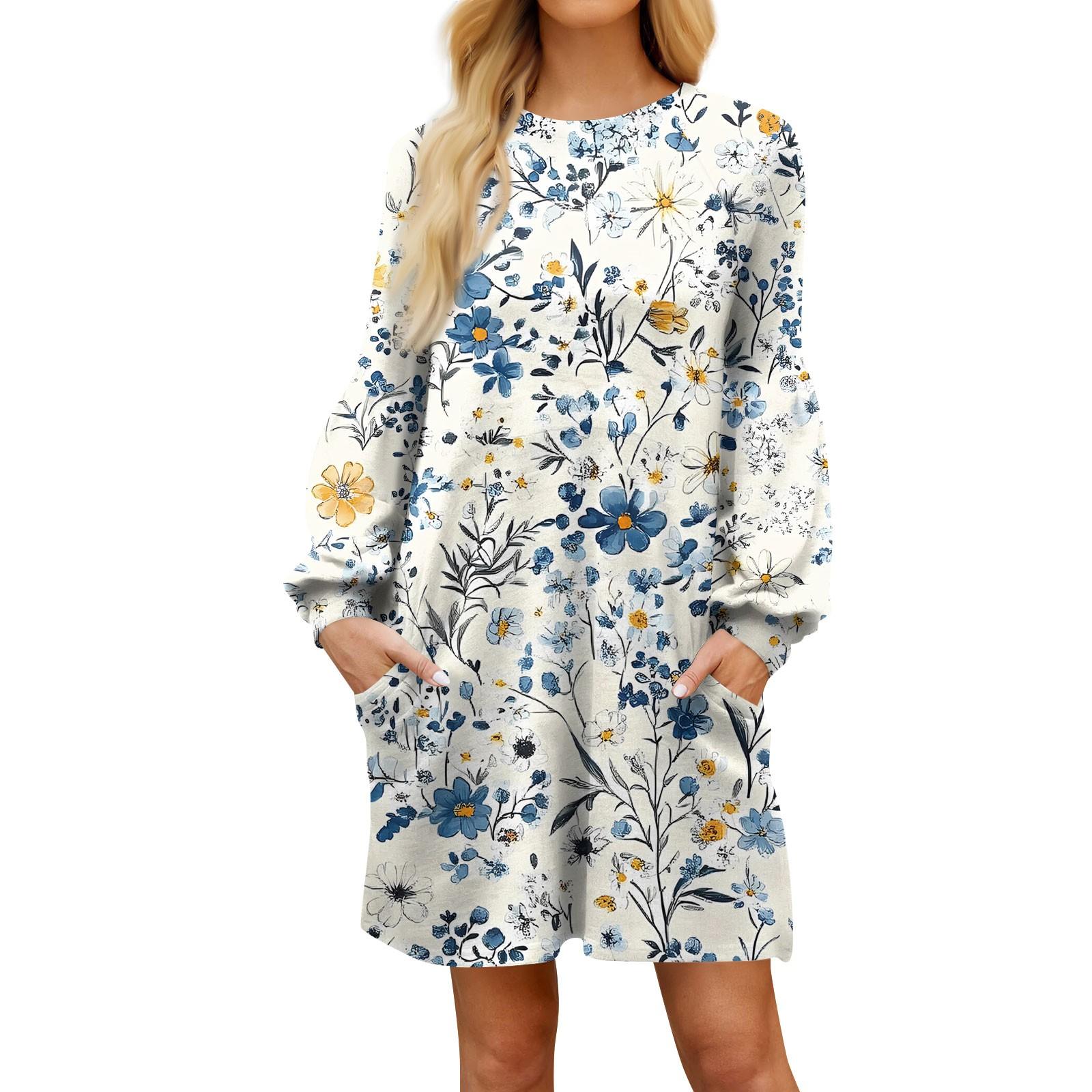 

Модное женское платье трапециевидной формы с длинным рукавом. Осенний повседневный пуловер с круглым вырезом. Свободное платье с карманами. XXL