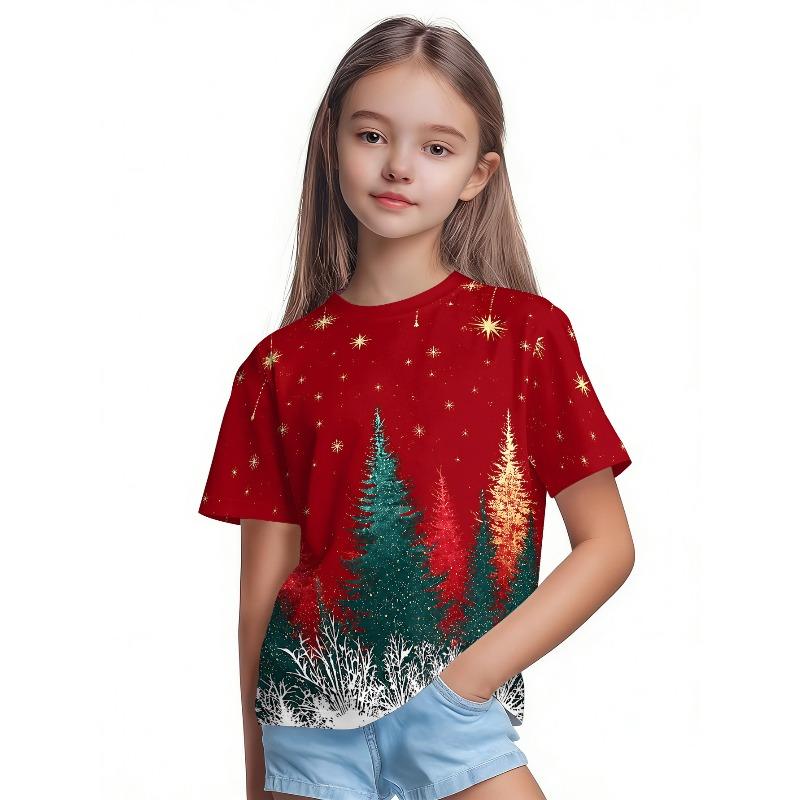 T-Shirt Girls 3D Printed Christmas Featuring Santa Claus Short Sleeve O Neck Casual Christmas Clothes Girls Top