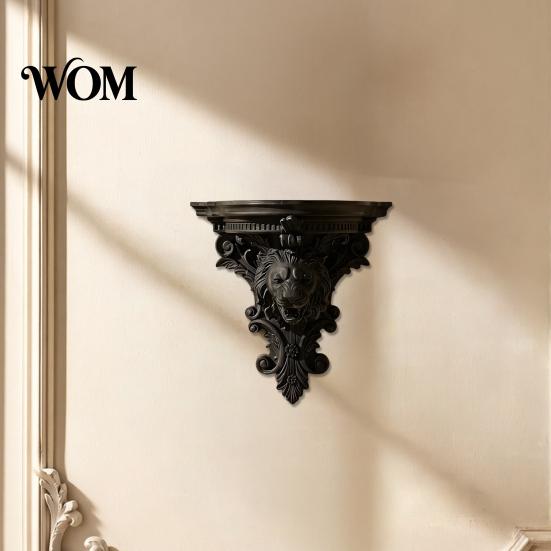 French Style Wall Shelf Shelf, Matte Black Texture Decorative Stand, Retro Lion Embossed Mounted Thickened One-Piece Structure Display Rack