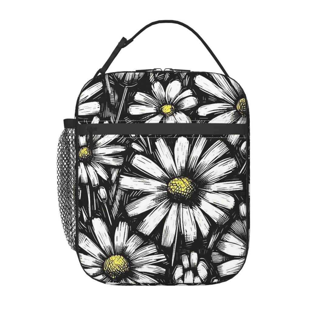 Cartoon Black And White Daisy Pattern Insulated Lunch Bag for Women Kids Portable Food Boxes Thermal Lunch Box Tote