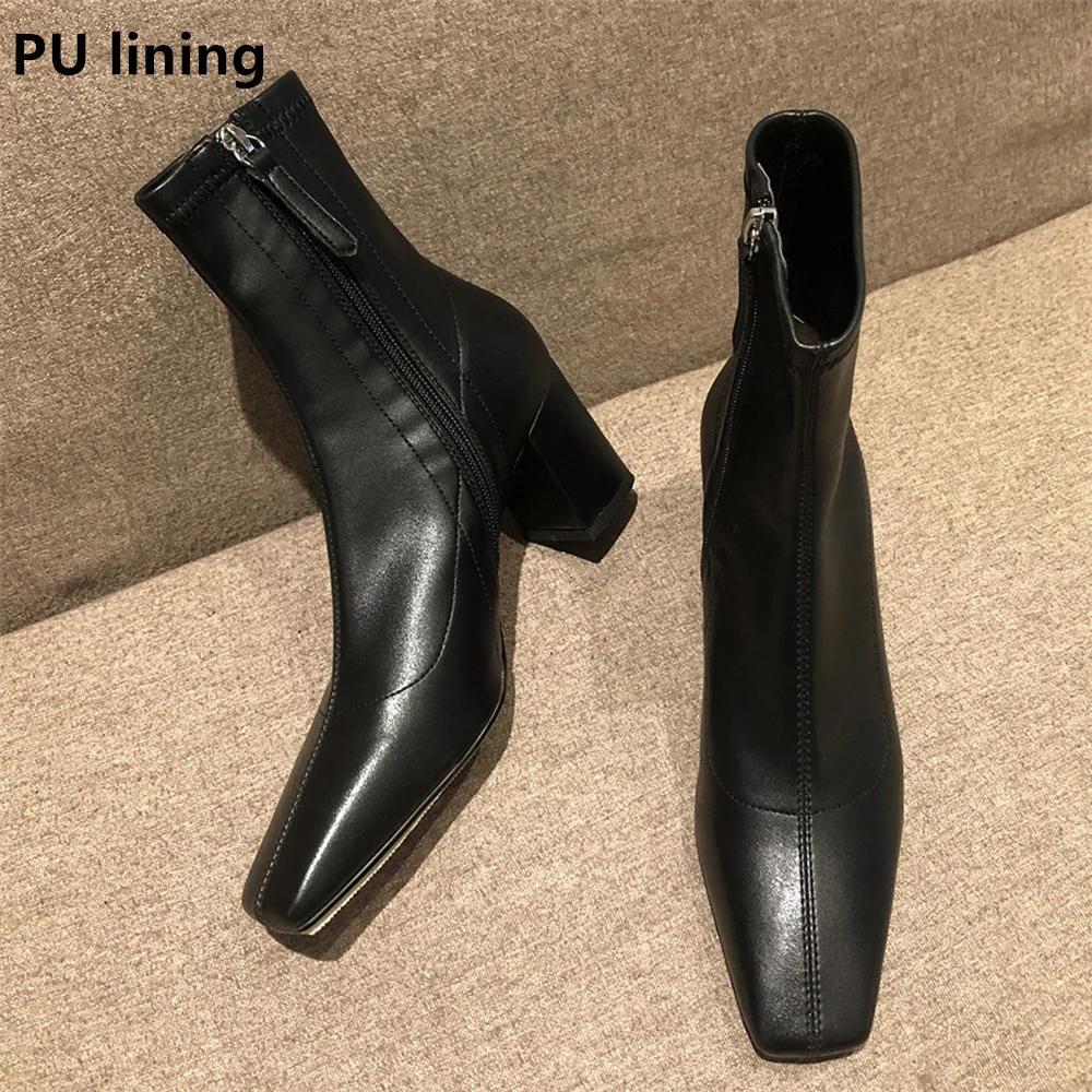 Fashion 2025 Autumn Winter Thick Heel Shoes Fashion Women Ankle Boots Sexy Square Toe Yarn Elastic Socks Boots Zip Boot Size 33-40 Black