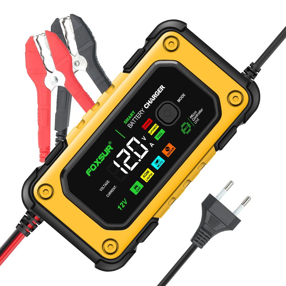 FOXSUR 12V 7A FBC1207E Universal Repair Car Battery Charger Intelligent Repair Motorcycle Charger for Lead Acid LiFePO4 Battery