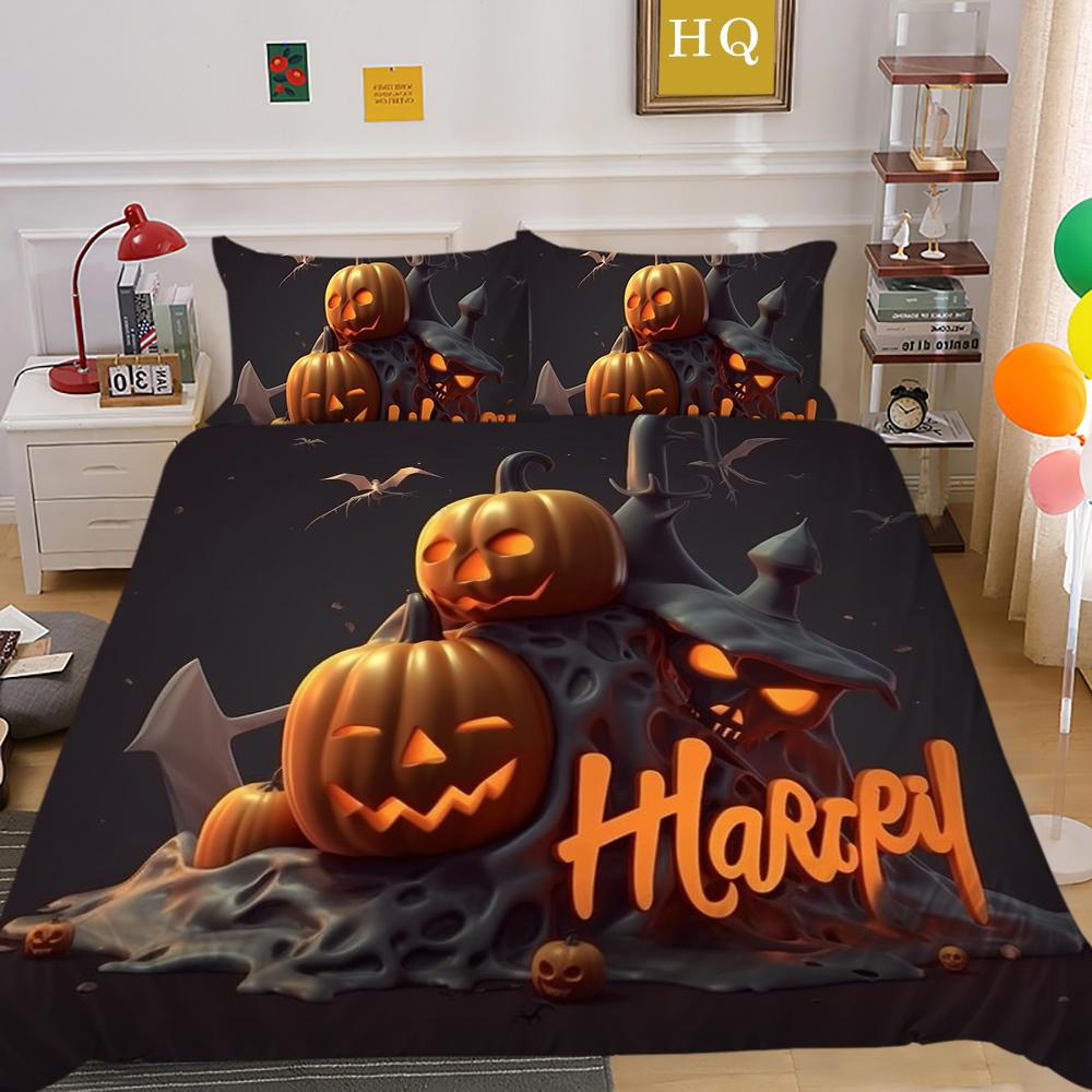 3D Halloween Home Bedding Set Pumpkin Ghost Quilt Cover Pillow Case 2/3 Pieces AU220 * 240 Full Size Soft and Easy To Clean Bedroom Decoration