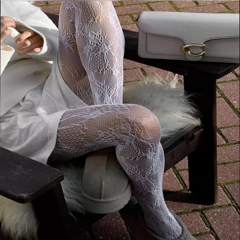 Kave High Elastic Black Hollowed Lace Fishnet Patterned Tights for Women Soft Nylon Solid Color Sweet Panyhose Toe Reinforcement