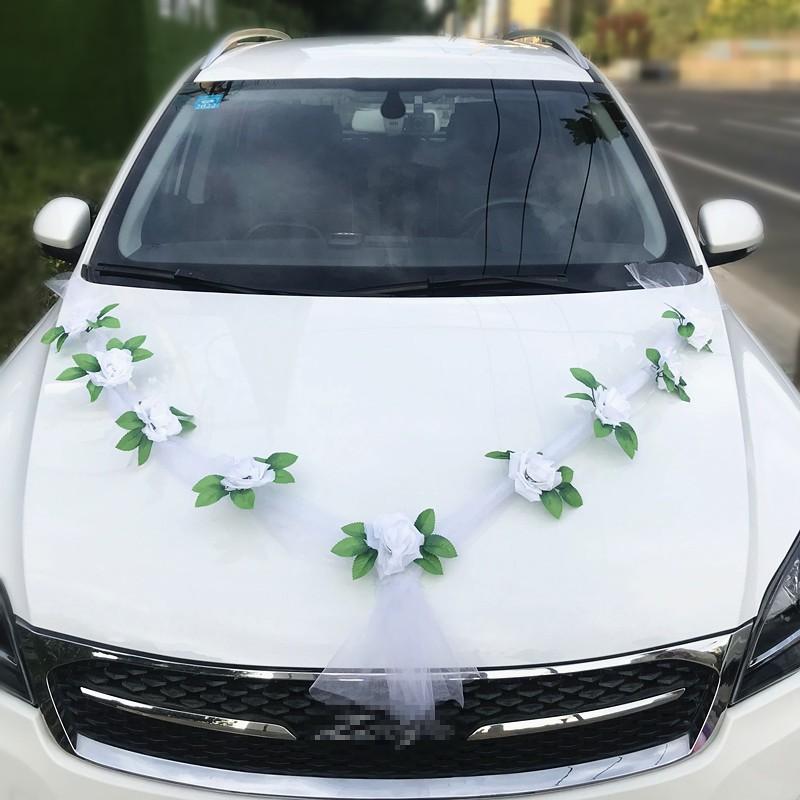 Soft Organza Tulle White Silk Rose Garland Romantic Wedding Car Front Hood And Door Handle Decoration Accessory