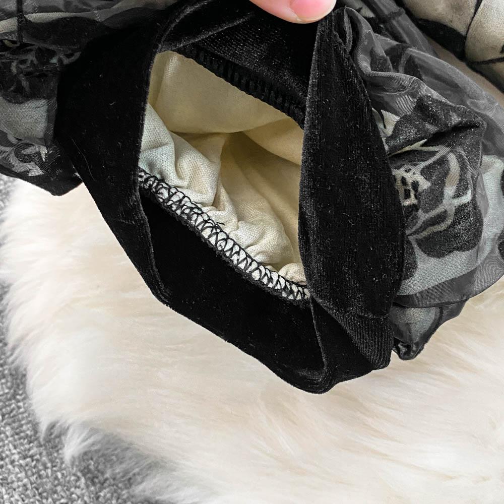 French Elegant Bow Puff Sleeve Dress Women 2025 Spring Autumn New Flocking Floral Waist Slim Long Dresses Patchwork Party Clothing