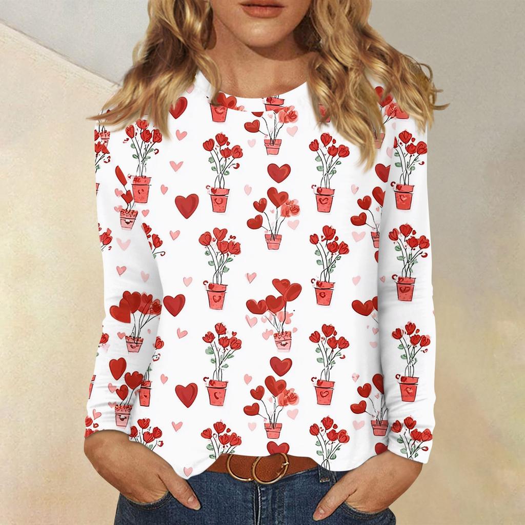 Damen Valentinstag Modisches Herzmuster Rundhals Langarm Pullover Top